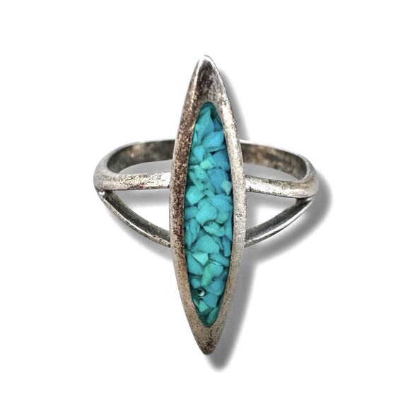 Vintage Sterling Silver Turquoise Chip Inlay Southwest Marquise 925 Band Ring 8 - Picture 1 of 5